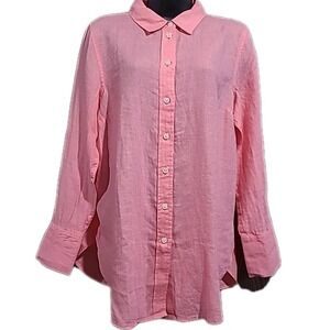 Talbots 100% Linen Button Up Blouse Size PM Bright Highlighter Pink Beach Resort